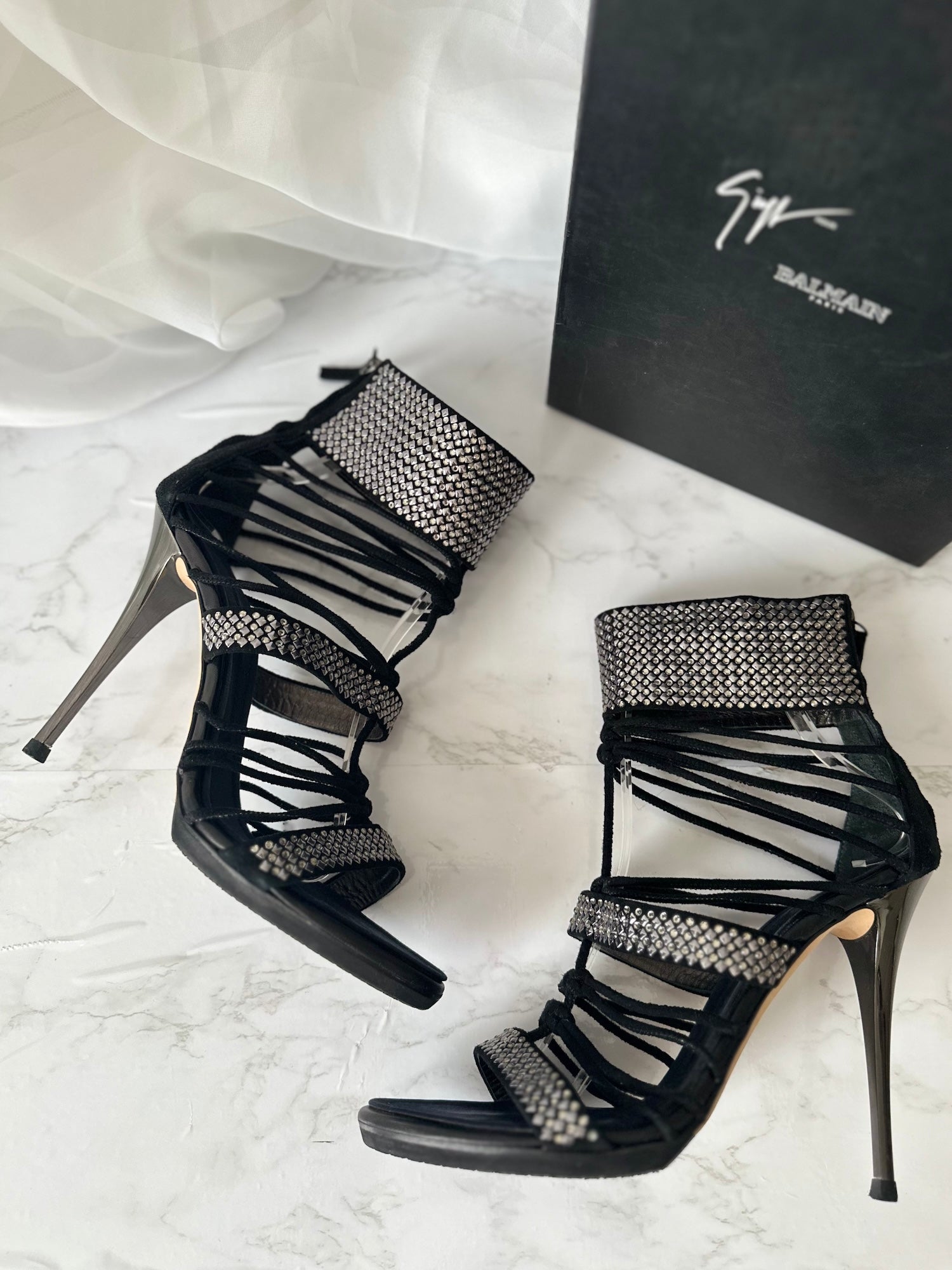 Giuseppe Zanotti x Balmain Swarovski Crystal Lace-Up Heels - EU40