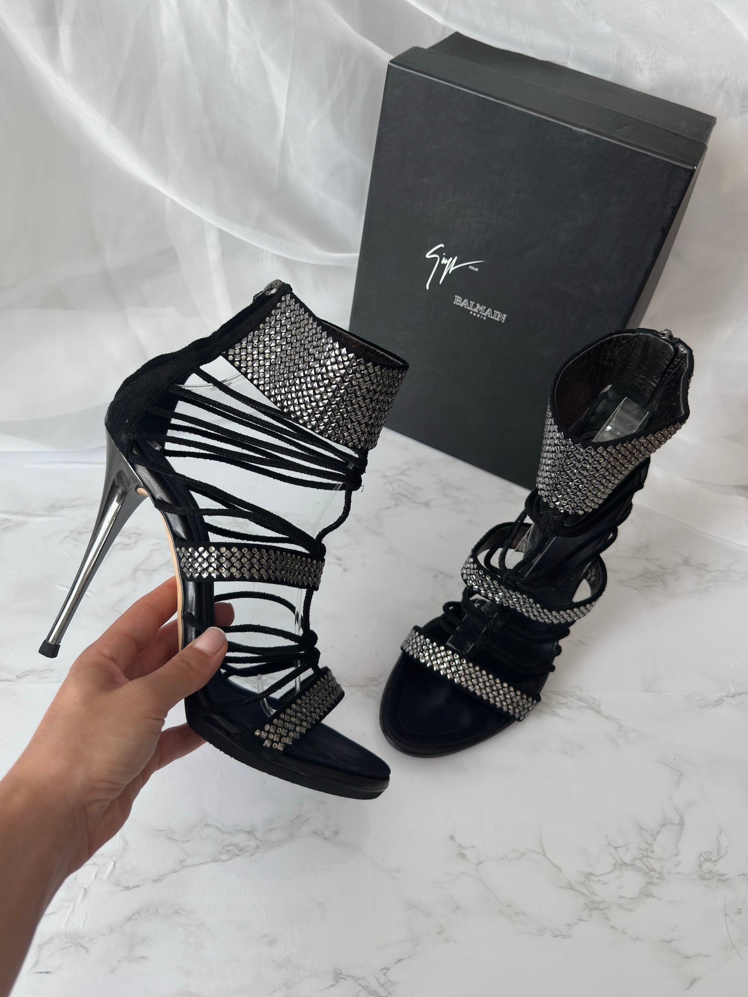 Giuseppe Zanotti x Balmain Swarovski Crystal Lace-Up Heels - EU40