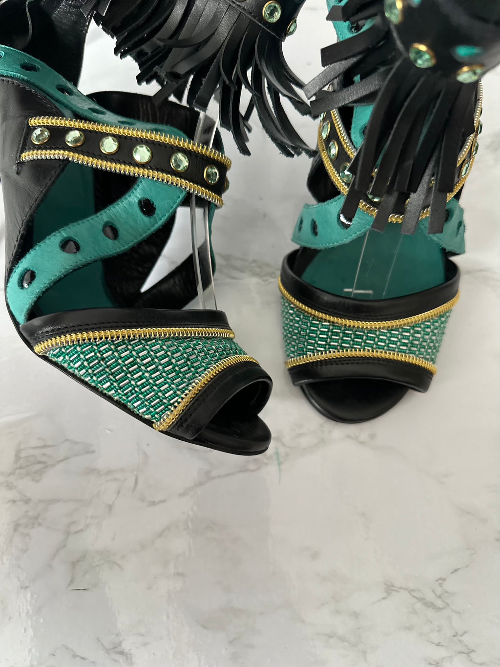 Cavalli turquoise/ gold Fringe Sandals - EU39