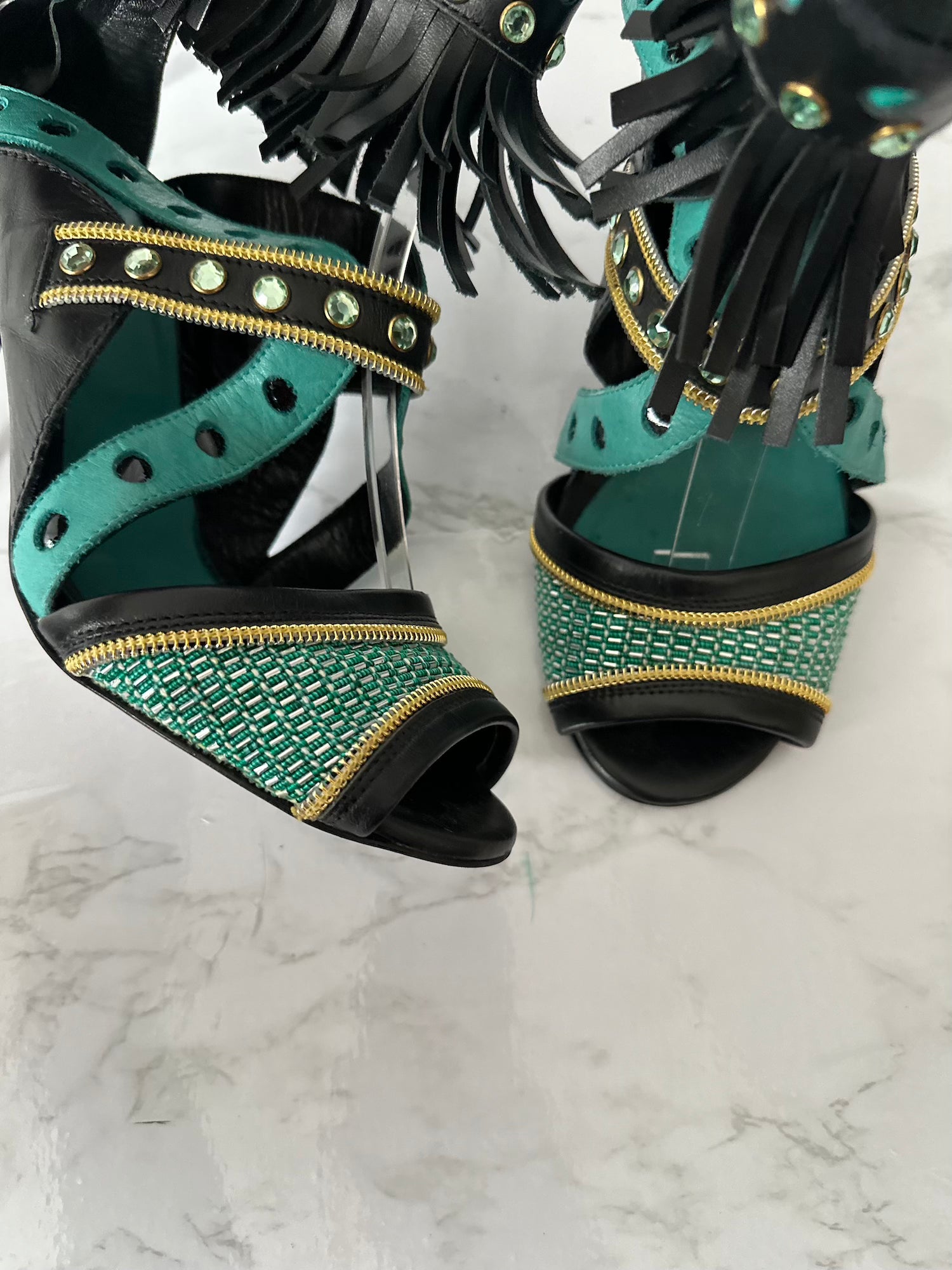 Cavalli turquoise/ gold Fringe Sandals - EU39
