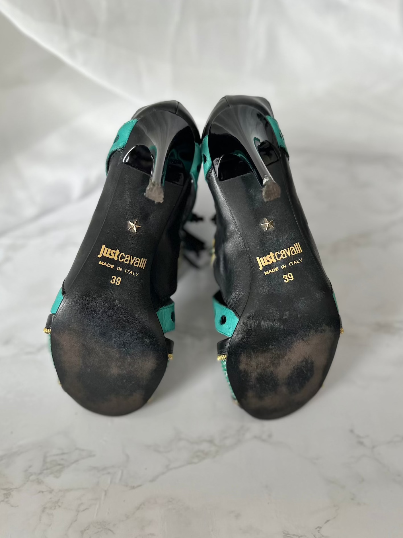 Cavalli turquoise/ gold Fringe Sandals - EU39