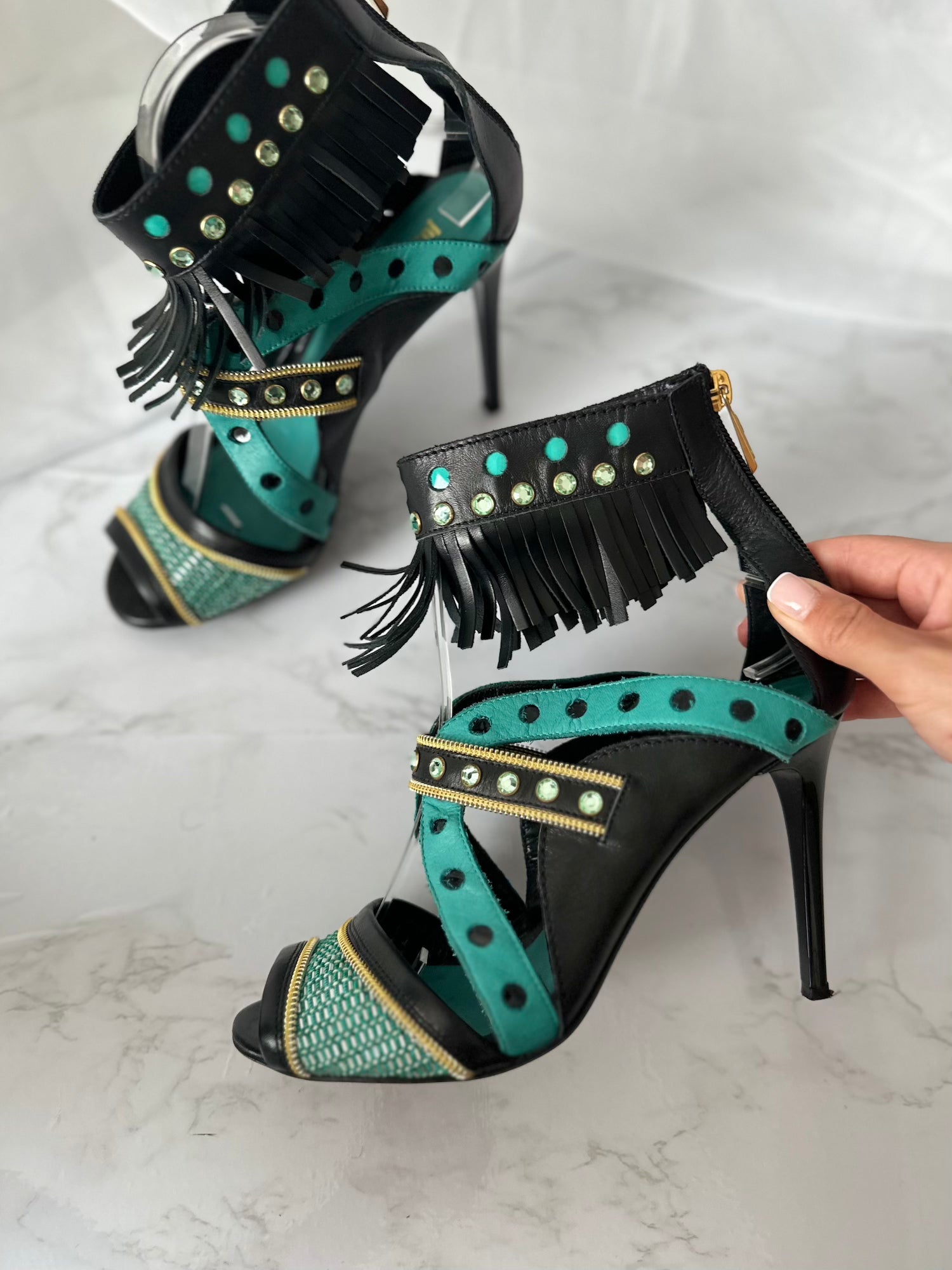 Cavalli turquoise/ gold Fringe Sandals - EU39