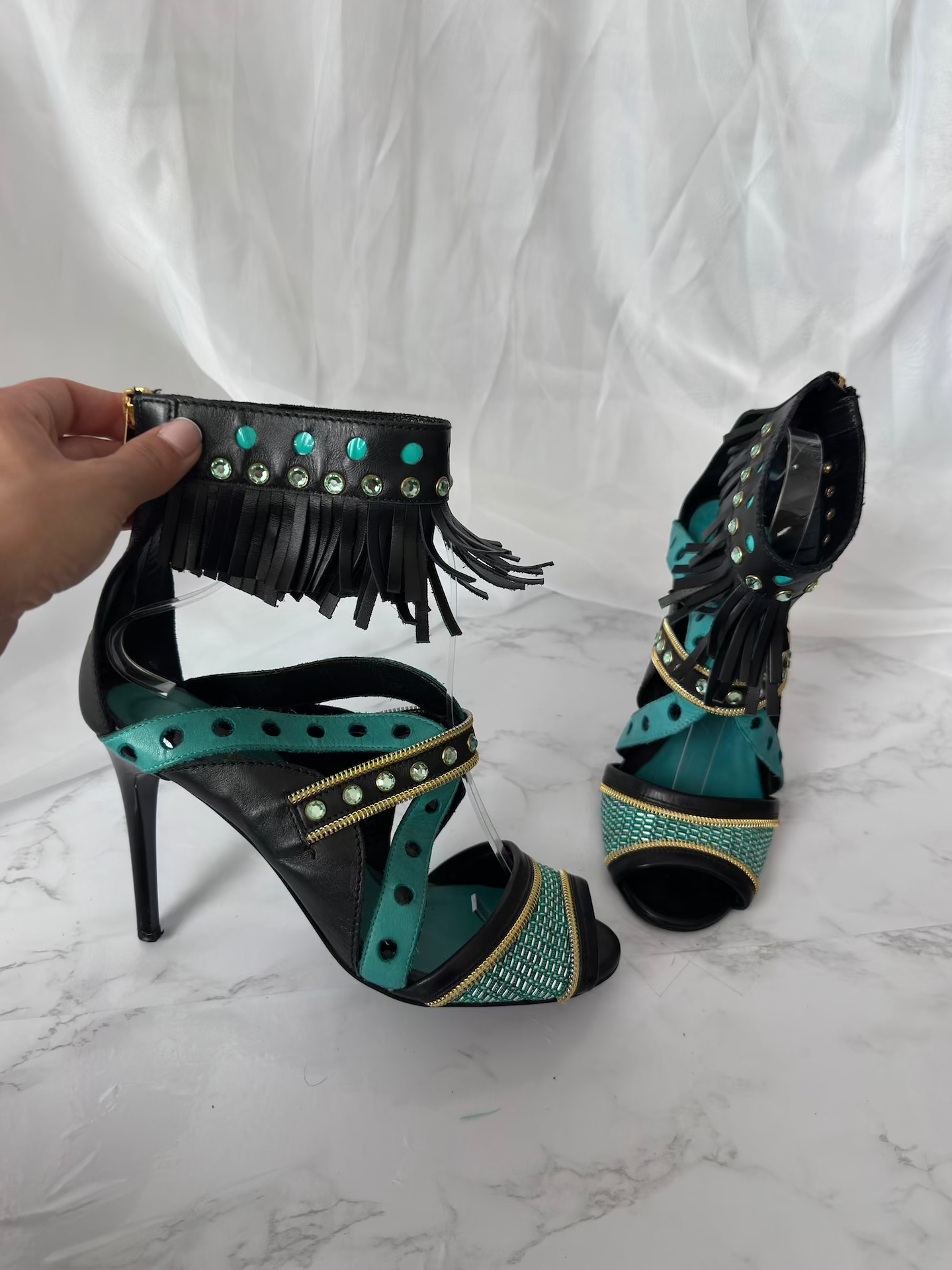 Cavalli turquoise/ gold Fringe Sandals - EU39