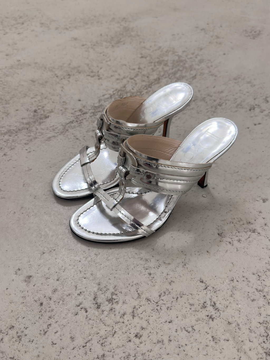2000s Silver Christian Dior Logo T-Strap Heels - EU36,5