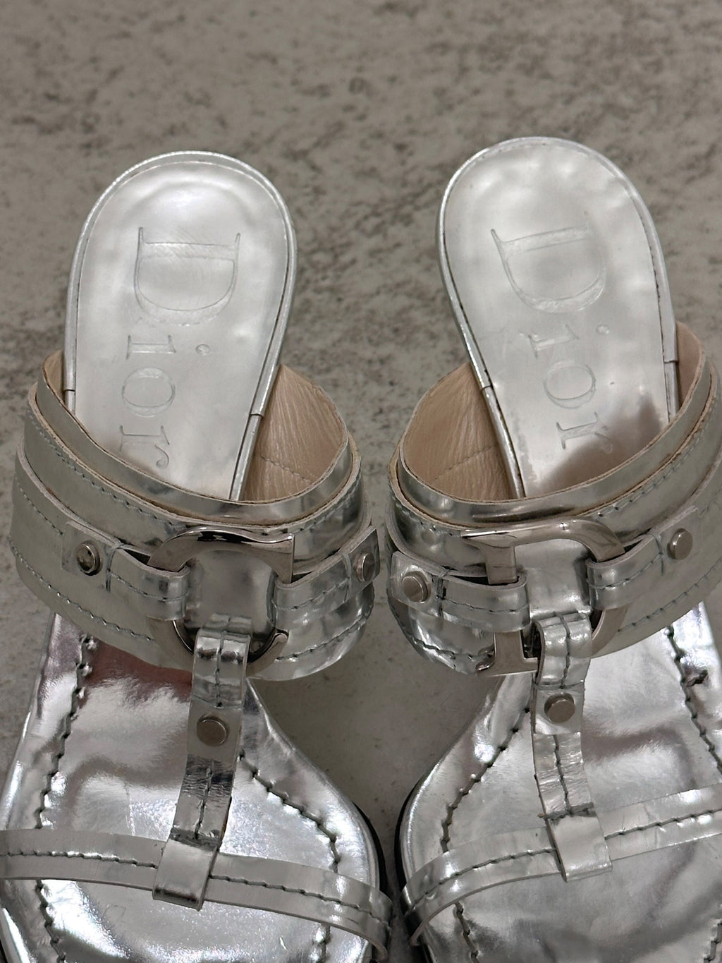 2000s Silver Christian Dior Logo T-Strap Heels - EU36,5