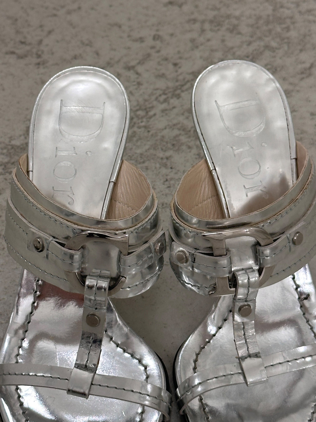 2000s Silver Christian Dior Logo T-Strap Heels - EU36,5