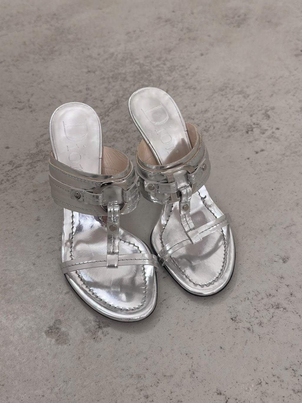 2000s Silver Christian Dior Logo T-Strap Heels - EU36,5