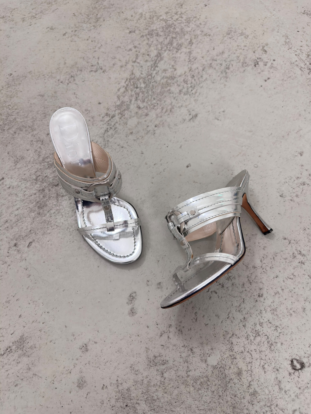 2000s Silver Christian Dior Logo T-Strap Heels - EU36,5